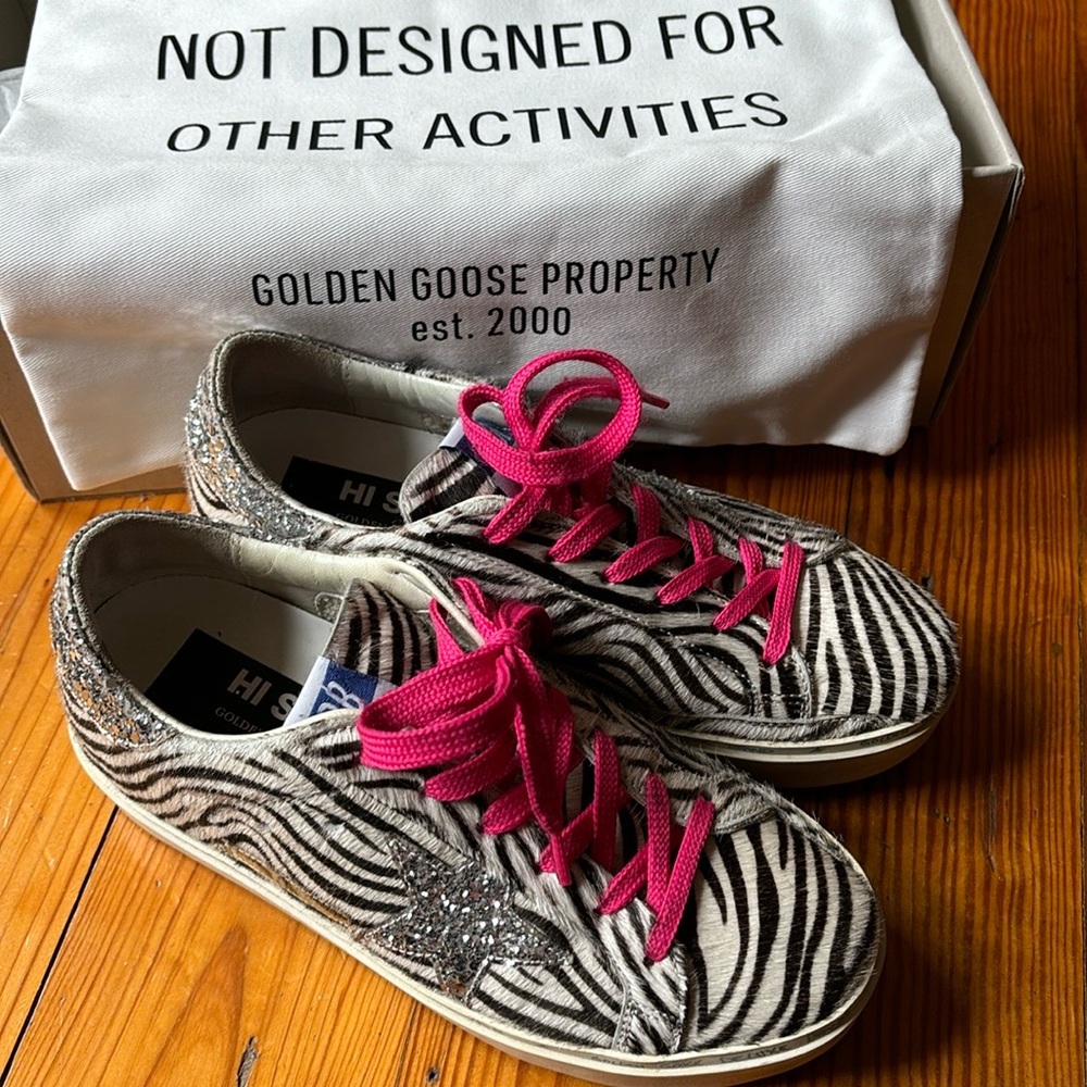 Golden Goose Hi Star zebra glitter pony hair size 36